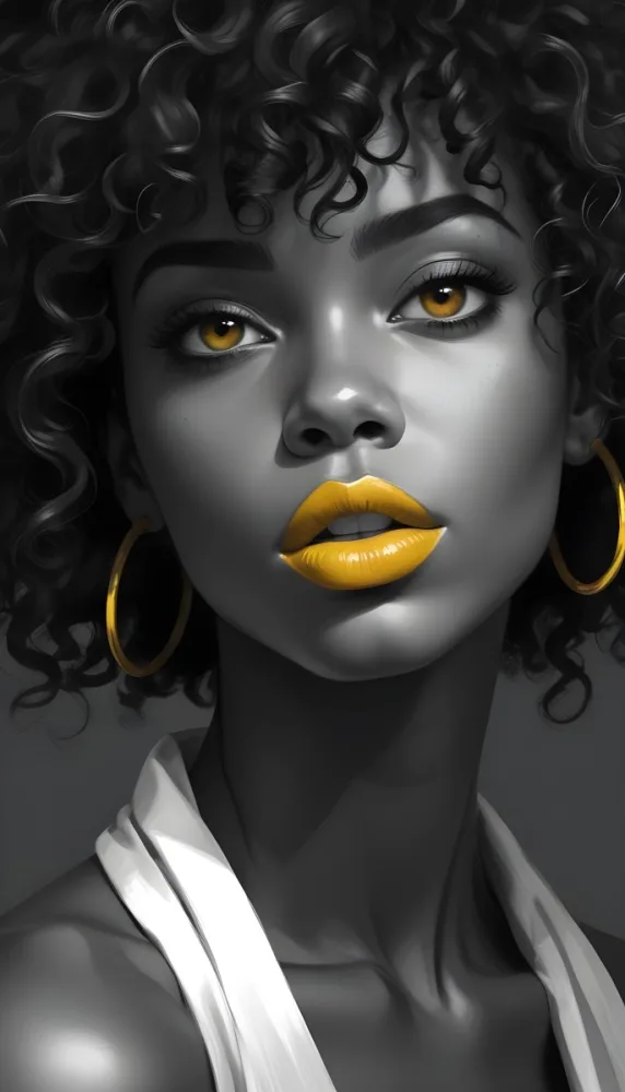 Digital Painting A Black Woman 23 Years Old Curly Black Hair Yellow Lips Big Silver Hoops Yellow Top In A Grey Background Bold And Slim Lines Brush Strokes 39 516b