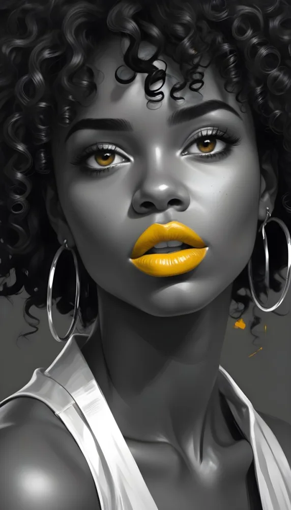 Digital Painting A Black Woman 23 Years Old Curly Black Hair Yellow Lips Big Silver Hoops Yellow Top In A Grey Background Bold And Slim Lines Brush Strokes 4 9c87