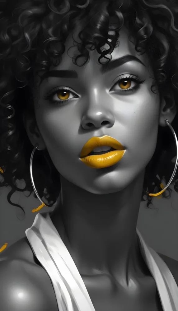 Digital Painting A Black Woman 23 Years Old Curly Black Hair Yellow Lips Big Silver Hoops Yellow Top In A Grey Background Bold And Slim Lines Brush Strokes 41 0fd6