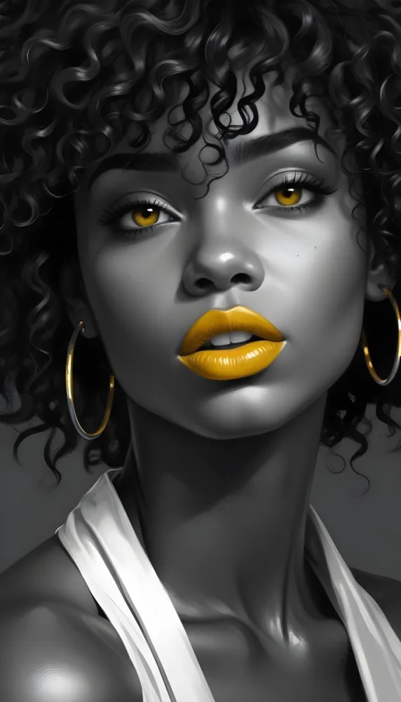 Digital Painting A Black Woman 23 Years Old Curly Black Hair Yellow Lips Big Silver Hoops Yellow Top In A Grey Background Bold And Slim Lines Brush Strokes 45 C9ac
