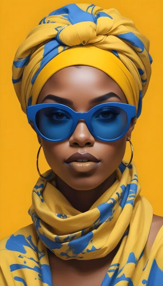 Digital Painting A Black Woman 23 Years Old With Blue Lipstick Wearing A Yellow Headscarf And Blue Sunglasses In Front Of A Yellow Background Bold And Slim Lines Brush Strokes 14 A96b