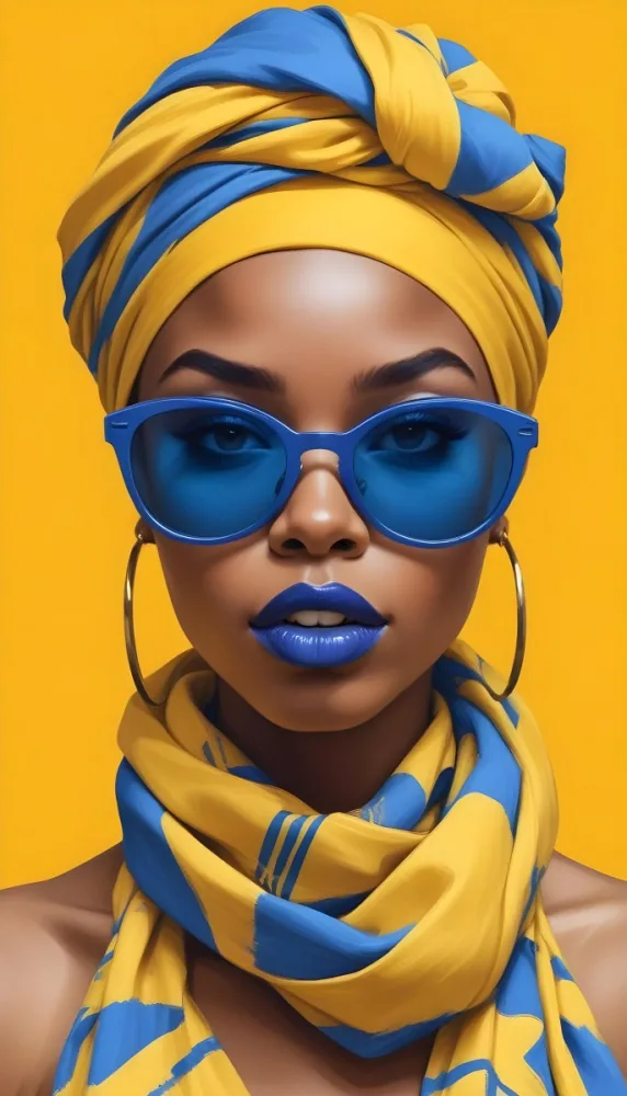 Digital Painting A Black Woman 23 Years Old With Blue Lipstick Wearing A Yellow Headscarf And Blue Sunglasses In Front Of A Yellow Background Bold And Slim Lines Brush Strokes 19 54f6