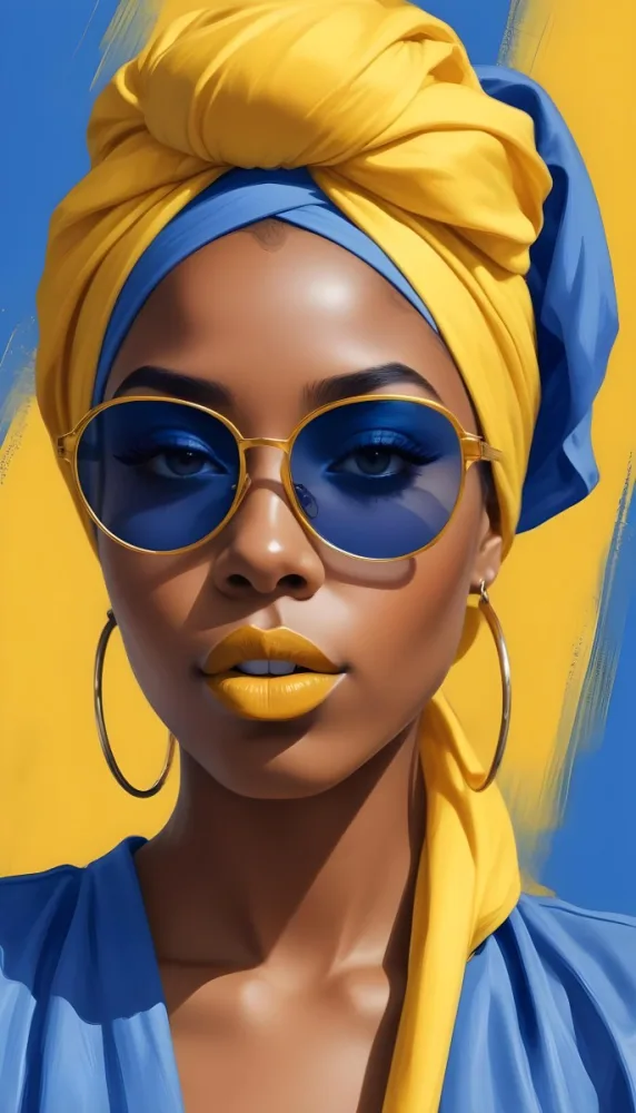 Digital Painting A Black Woman 23 Years Old With Blue Lipstick Wearing A Yellow Headscarf And Blue Sunglasses In Front Of A Yellow Background Bold And Slim Lines Brush Strokes 24 91b6