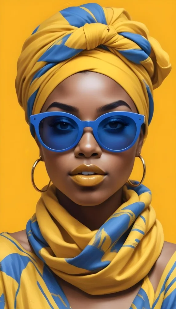 Digital Painting A Black Woman 23 Years Old With Blue Lipstick Wearing A Yellow Headscarf And Blue Sunglasses In Front Of A Yellow Background Bold And Slim Lines Brush Strokes 6 F88d