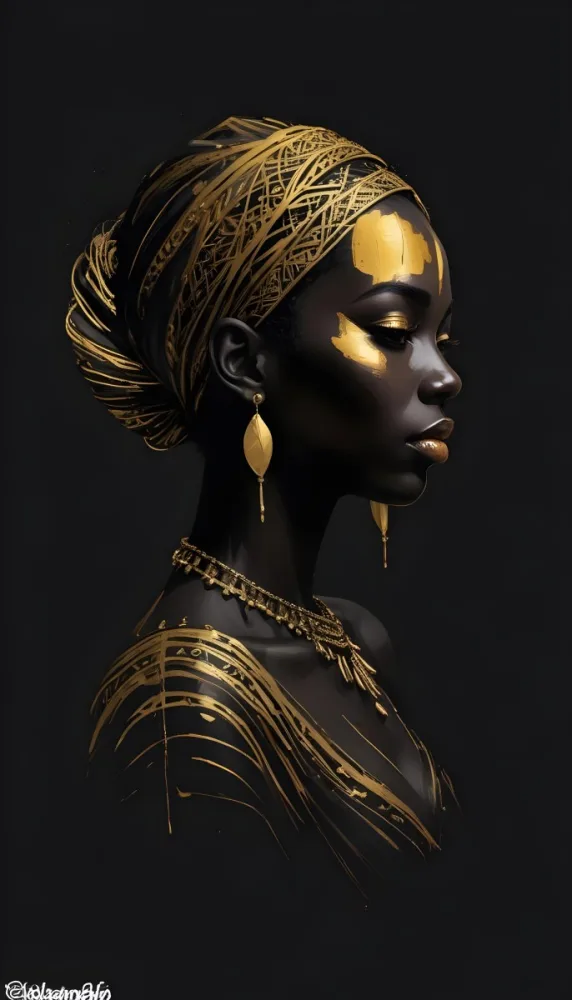 Digital Painting A Black Woman 30 Years Old With Golden Ornaments In A Black Background Bold And Slim Lines Brush Strokes 21 Cdd1