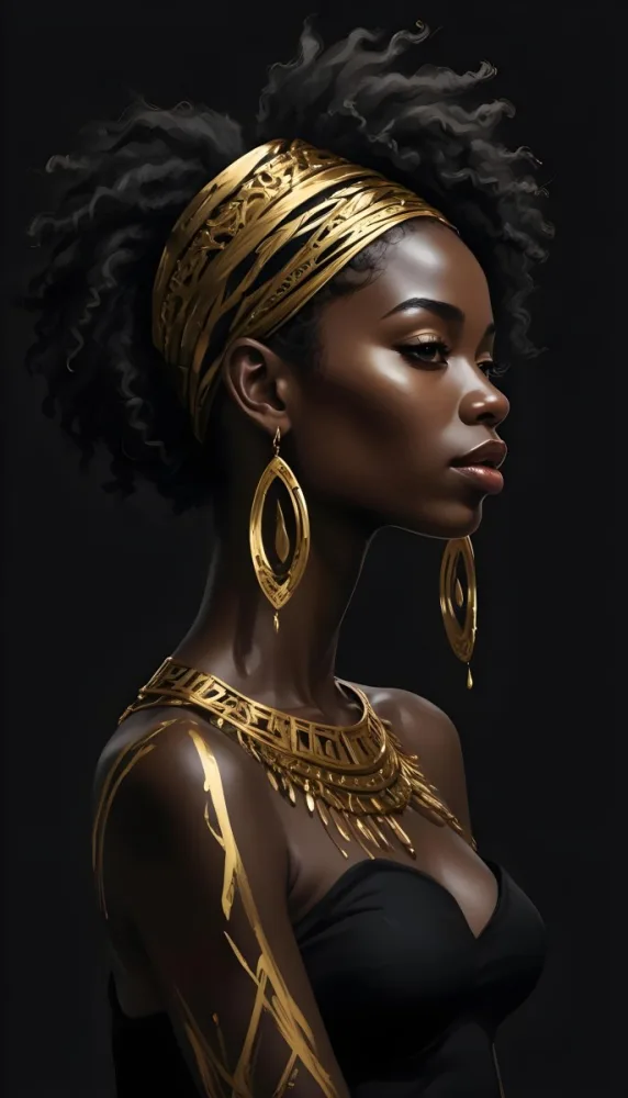 Digital Painting A Black Woman 30 Years Old With Golden Ornaments In A Black Background Bold And Slim Lines Brush Strokes 5 C18d