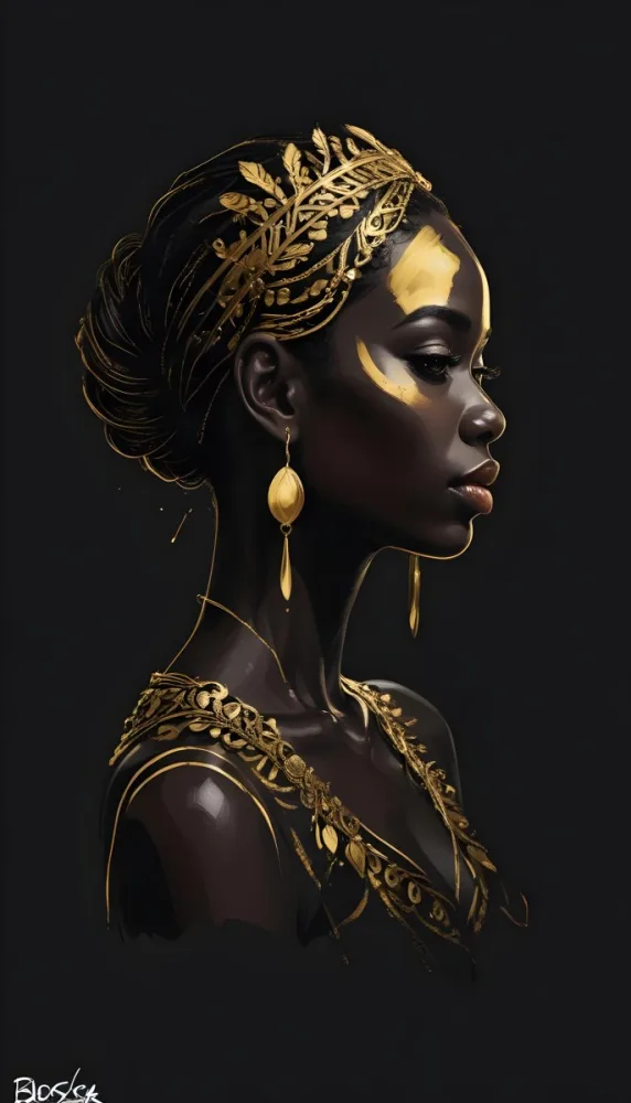 Digital Painting A Black Woman 30 Years Old With Golden Ornaments In A Black Background Bold And Slim Lines Brush Strokes 6 6461
