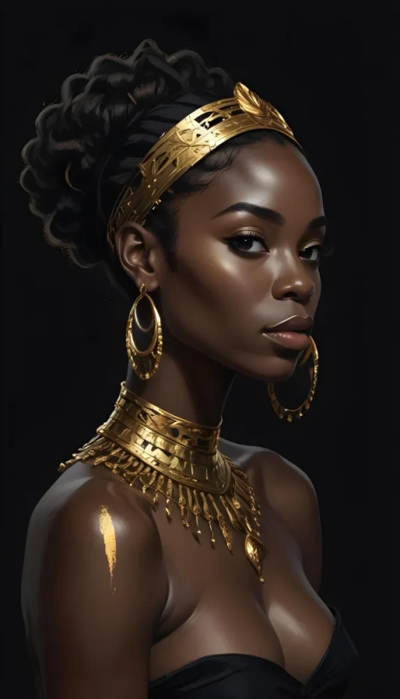 Digital Painting A Black Woman 30 Years Old With Golden Ornaments In A Black Background Bold And Slim Lines Brush Strokes 7 Fe74
