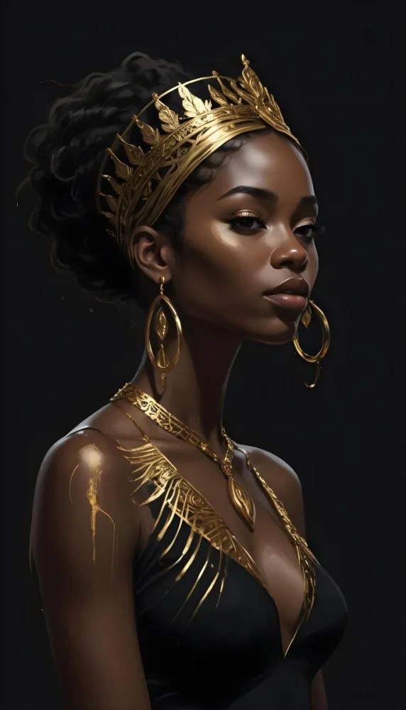 Digital Painting A Black Woman 30 Years Old With Golden Ornaments In A Black Background Bold And Slim Lines Brush Strokes 8 F039