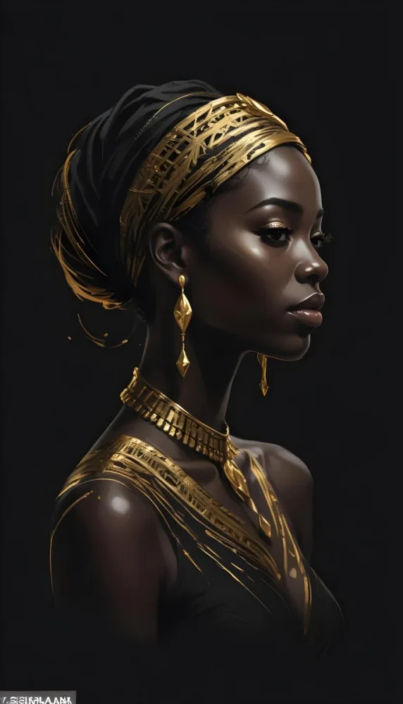 Digital Painting A Black Woman 30 Years Old With Golden Ornaments In A Black Background Bold And Slim Lines Brush Strokes 9 1906