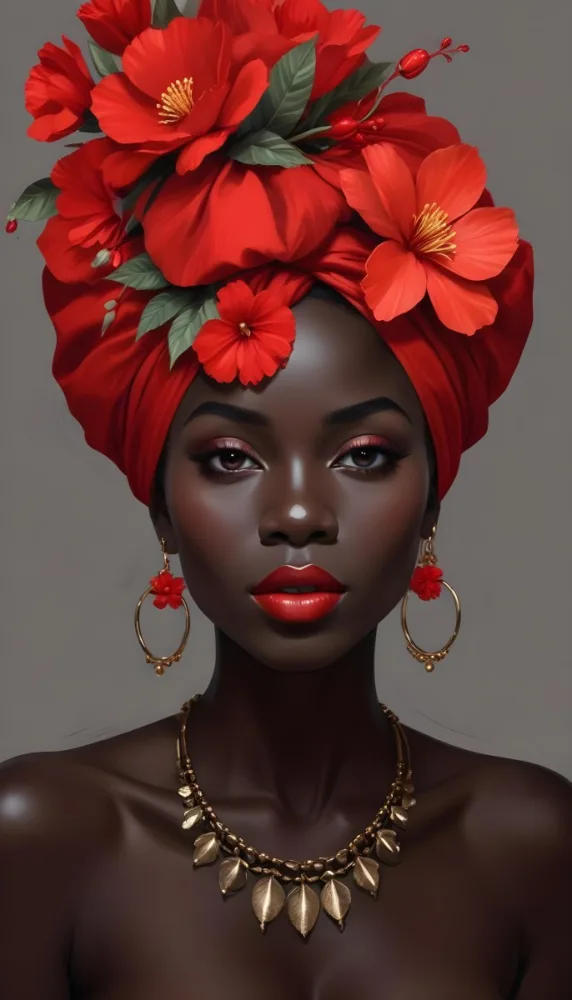 Digital Painting A Black Woman With Dark Skin And Glossy Red Lips Wearing A Vibrant Red Headwrap Adorned With Large Red Flowers She Has Intricate Earrings That Complement Her Look The Background Is A Solid Dark Colo 15 338b