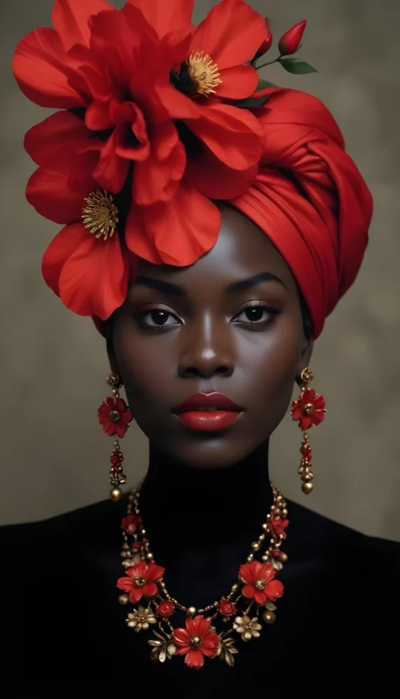Digital Painting A Black Woman With Dark Skin And Glossy Red Lips Wearing A Vibrant Red Headwrap Adorned With Large Red Flowers She Has Intricate Earrings That Complement Her Look The Background Is A Solid Dark Colo 20 06f6