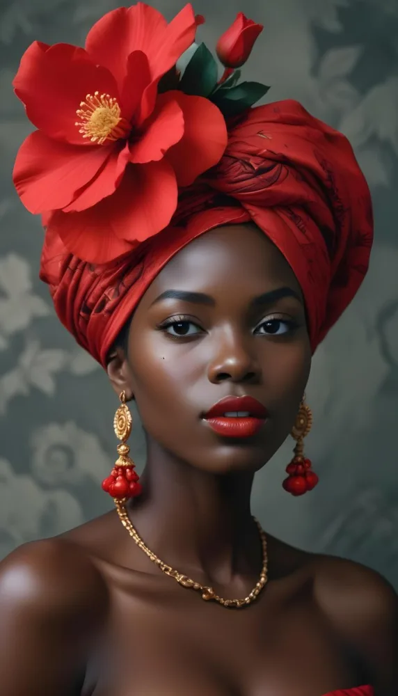 Digital Painting A Black Woman With Dark Skin And Glossy Red Lips Wearing A Vibrant Red Headwrap Adorned With Large Red Flowers She Has Intricate Earrings That Complement Her Look The Background Is A Solid Dark Colo 30 Ab3e