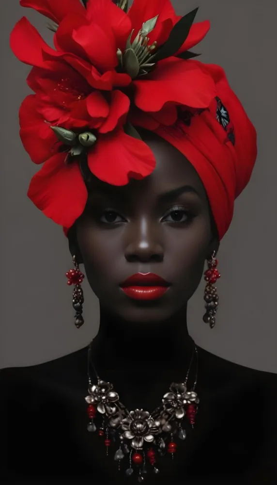 Digital Painting A Black Woman With Dark Skin And Glossy Red Lips Wearing A Vibrant Red Headwrap Adorned With Large Red Flowers She Has Intricate Earrings That Complement Her Look The Background Is A Solid Dark Colo 33 F440