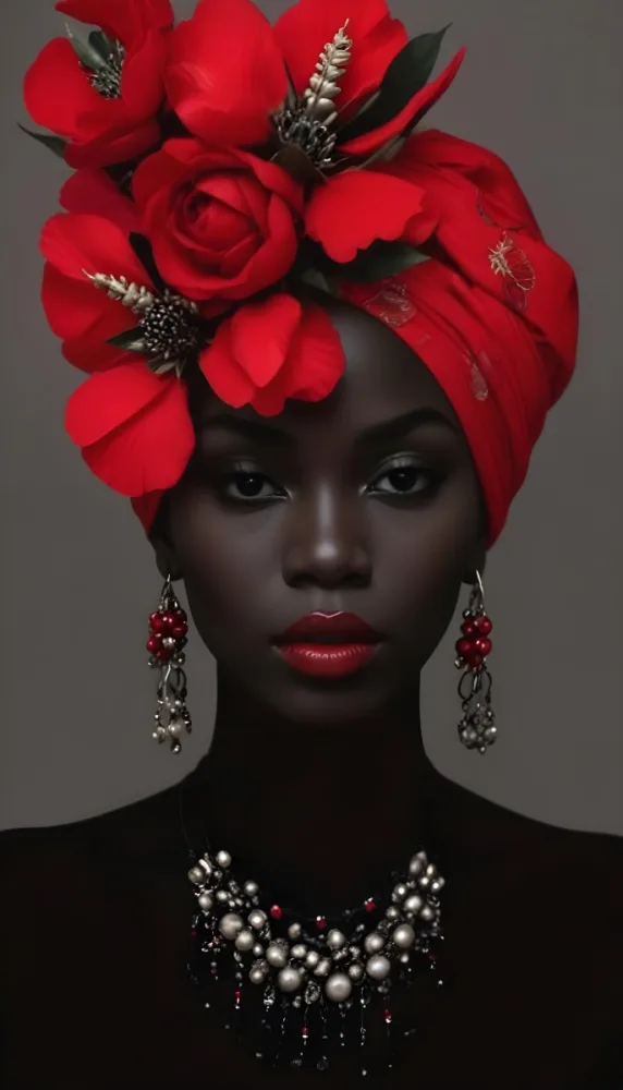 Digital Painting A Black Woman With Dark Skin And Glossy Red Lips Wearing A Vibrant Red Headwrap Adorned With Large Red Flowers She Has Intricate Earrings That Complement Her Look The Background Is A Solid Dark Colo 40 2123