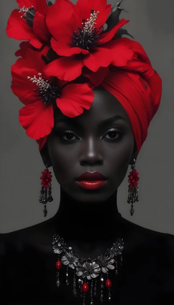 Digital Painting A Black Woman With Dark Skin And Glossy Red Lips Wearing A Vibrant Red Headwrap Adorned With Large Red Flowers She Has Intricate Earrings That Complement Her Look The Background Is A Solid Dark Colo 44 3f85