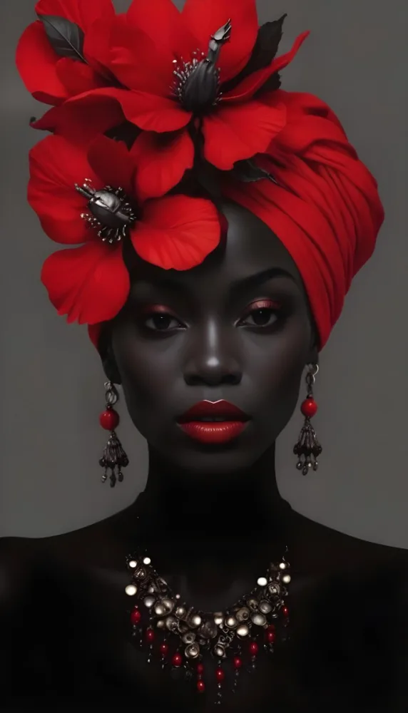 Digital Painting A Black Woman With Dark Skin And Glossy Red Lips Wearing A Vibrant Red Headwrap Adorned With Large Red Flowers She Has Intricate Earrings That Complement Her Look The Background Is A Solid Dark Colo 45 31c0