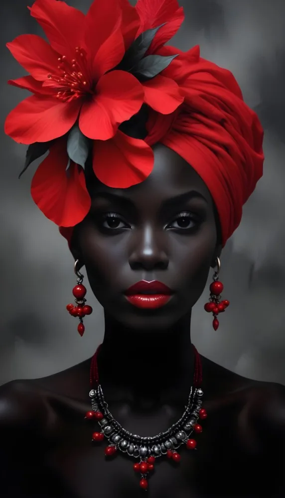 Digital Painting A Black Woman With Dark Skin And Glossy Red Lips Wearing A Vibrant Red Headwrap Adorned With Large Red Flowers She Has Intricate Earrings That Complement Her Look The Background Is A Solid Dark Colo 52 26fa
