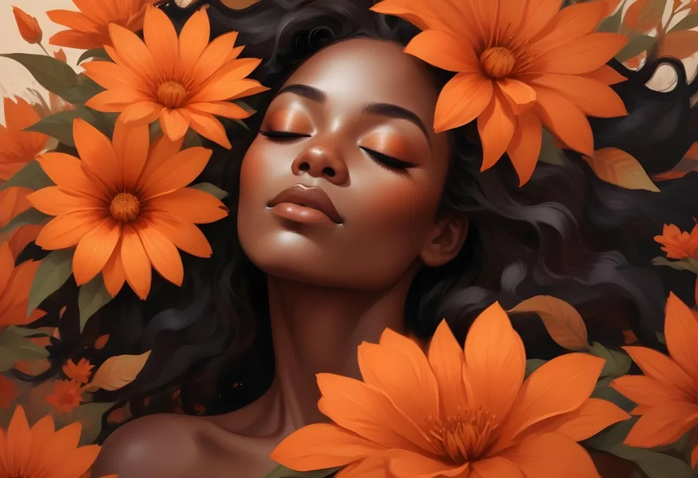 Digital Painting A Black Woman With Smooth Dark Skin And Closed Eyes Surrounded By Large Orange Flowers She Has Full Lips And Long Eyelashes With Her Hair Blending Into The Background The Overall Color Palette Is 08e3
