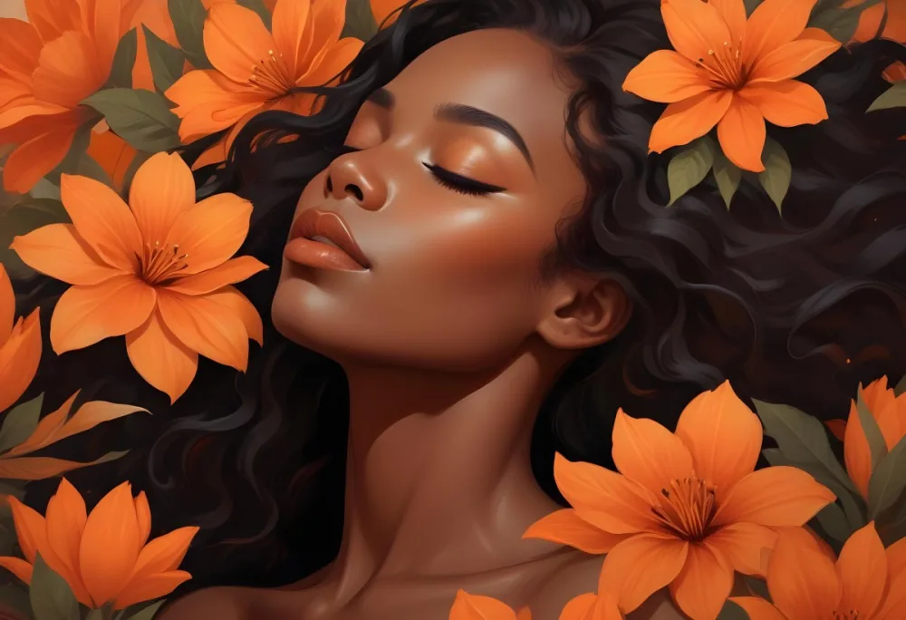 Digital Painting A Black Woman With Smooth Dark Skin And Closed Eyes Surrounded By Large Orange Flowers She Has Full Lips And Long Eyelashes With Her Hair Blending Into The Background The Overall Color Palette Is 31 2440