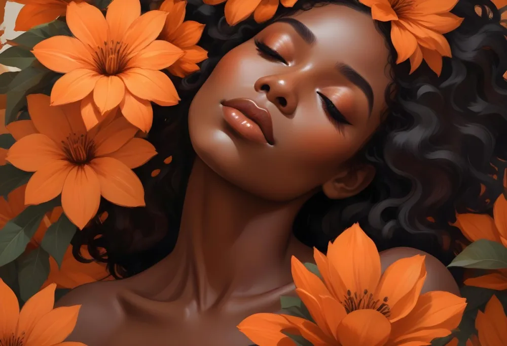 Digital Painting A Black Woman With Smooth Dark Skin And Closed Eyes Surrounded By Large Orange Flowers She Has Full Lips And Long Eyelashes With Her Hair Blending Into The Background The Overall Color Palette Is 39 B077