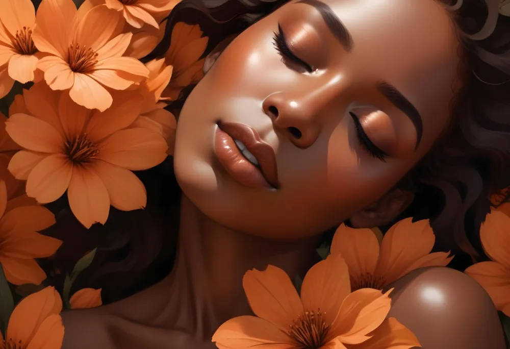 Digital Painting A Black Woman With Smooth Dark Skin And Closed Eyes Surrounded By Large Orange Flowers She Has Full Lips And Long Eyelashes With Her Hair Blending Into The Background The Overall Color Palette Is 40 609d