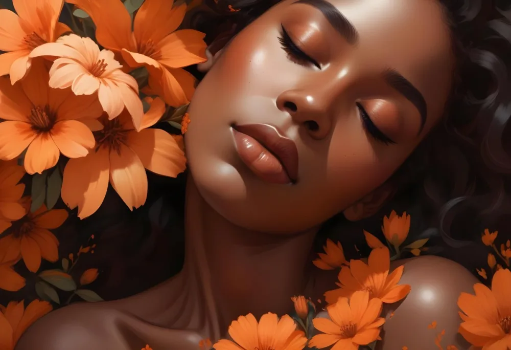 Digital Painting A Black Woman With Smooth Dark Skin And Closed Eyes Surrounded By Large Orange Flowers She Has Full Lips And Long Eyelashes With Her Hair Blending Into The Background The Overall Color Palette Is 52 2556