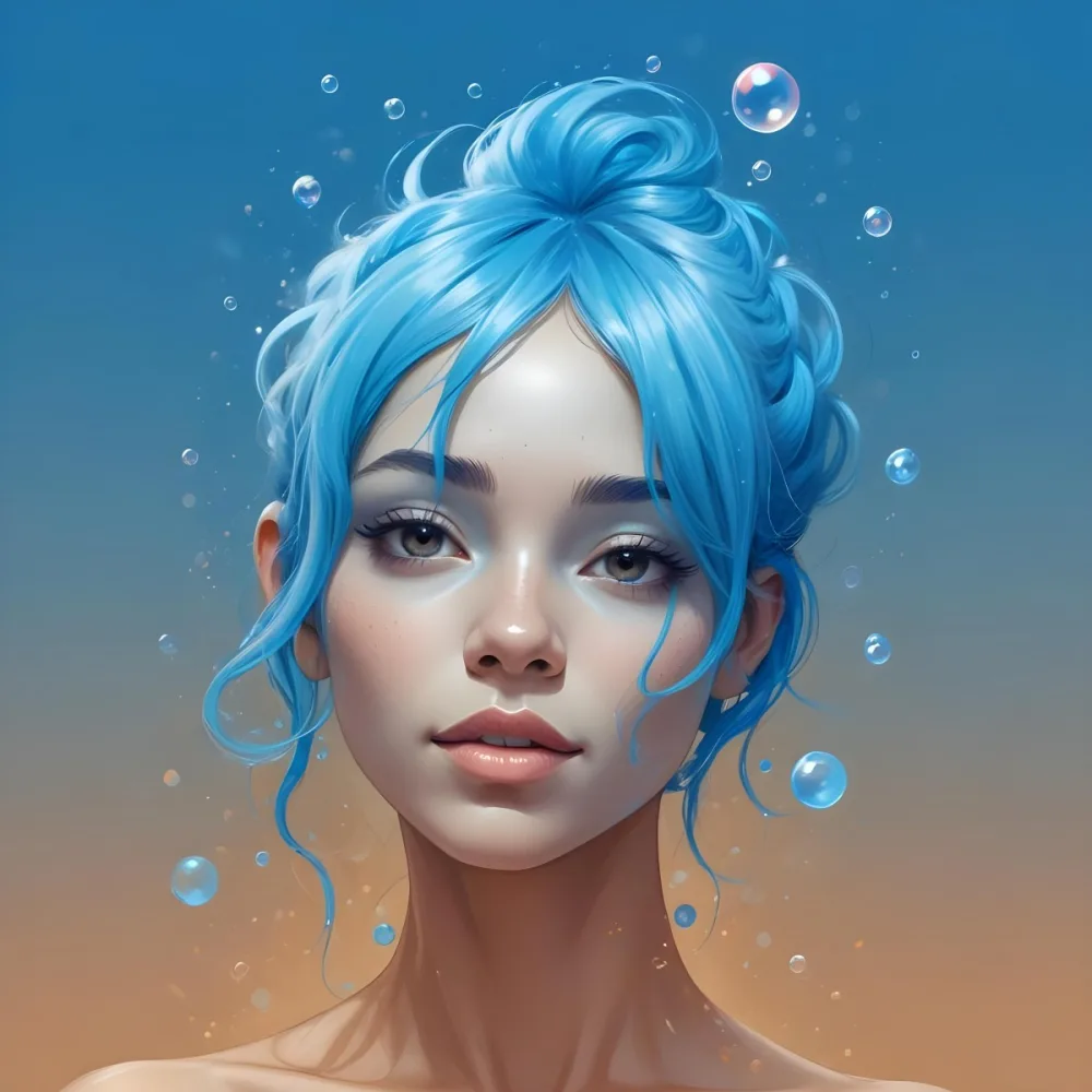 Digital Painting A Blue Hair Follicle With A Glowing Aura Surrounded By Bubbles On A Light Brown Skin Background With A Gradient Blue Background Bold And Slim Lines Brush Strokes 4 0f2c