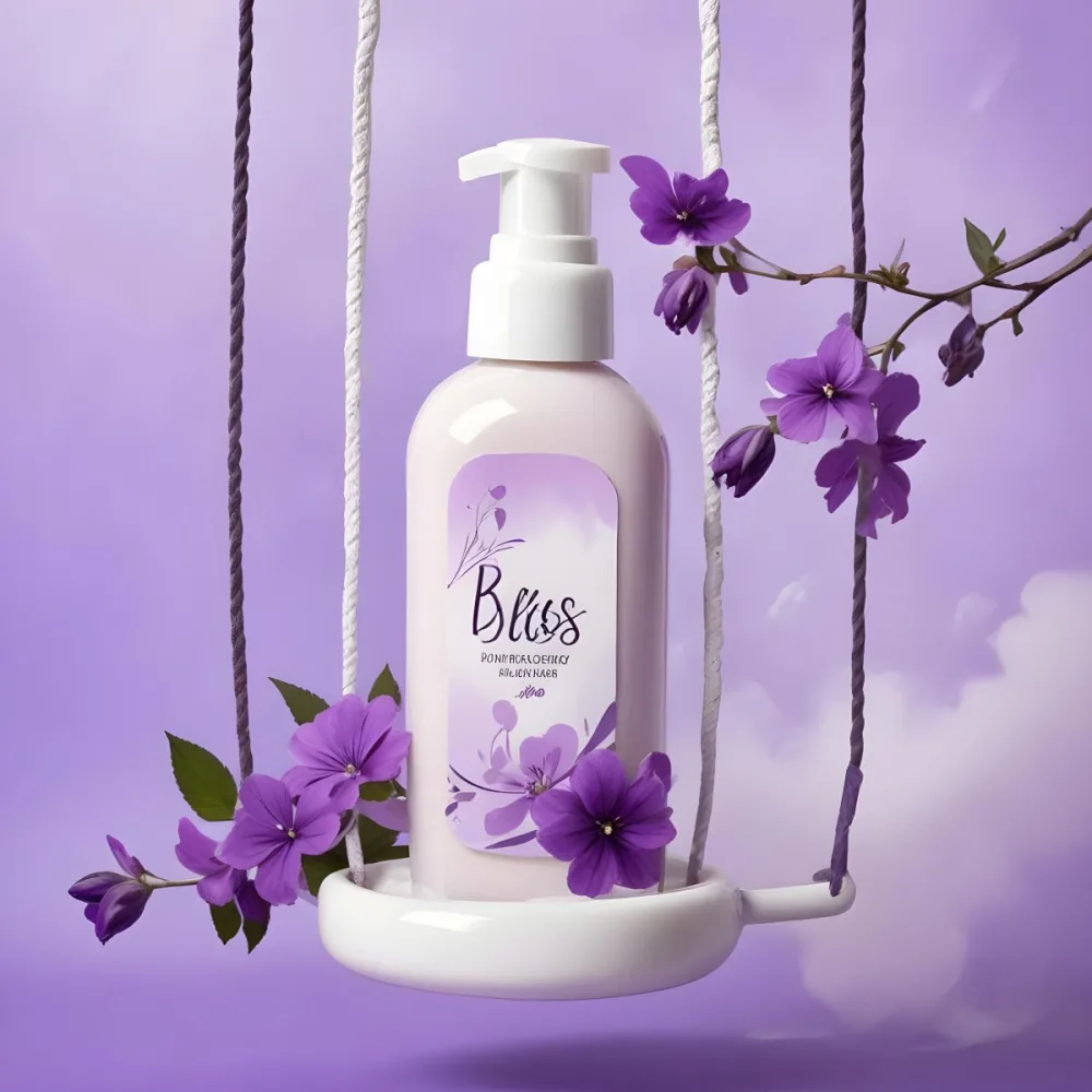 Digital Painting A Bottle Of Bliss Lotion On A Swing With Purple Flowers On A Purple Background With Smoke Product Photography Studio Shot Bold And Slim Lines Brush Strokes 1 4c9a