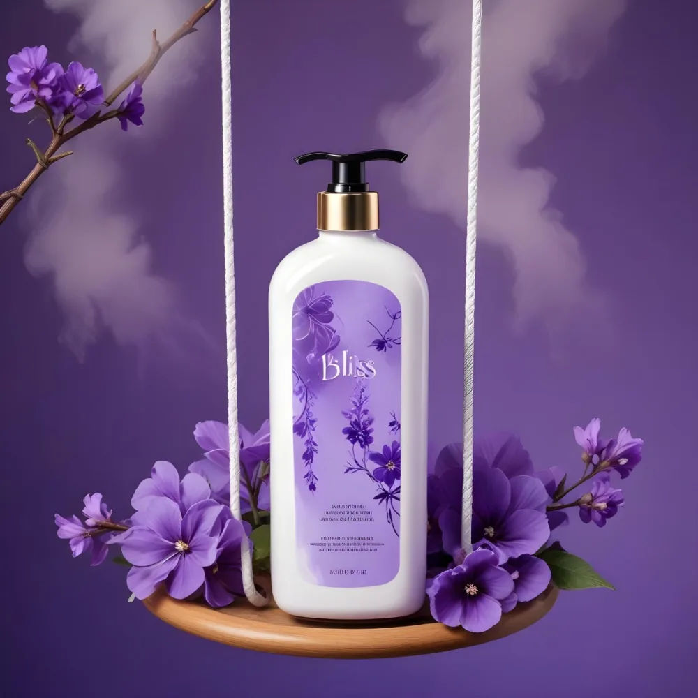 Digital Painting A Bottle Of Bliss Lotion On A Swing With Purple Flowers On A Purple Background With Smoke Product Photography Studio Shot Bold And Slim Lines Brush Strokes 10 Ef1f