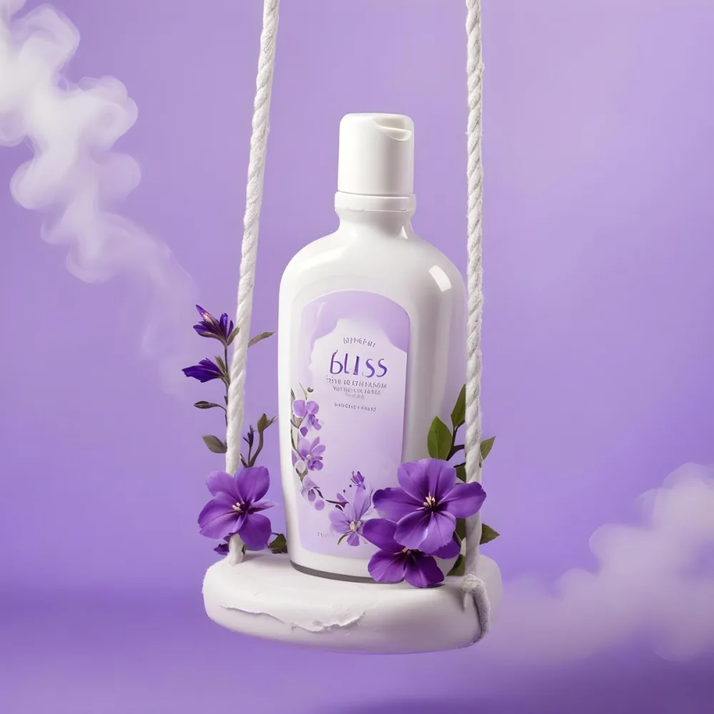 Digital Painting A Bottle Of Bliss Lotion On A Swing With Purple Flowers On A Purple Background With Smoke Product Photography Studio Shot Bold And Slim Lines Brush Strokes 11 1a22