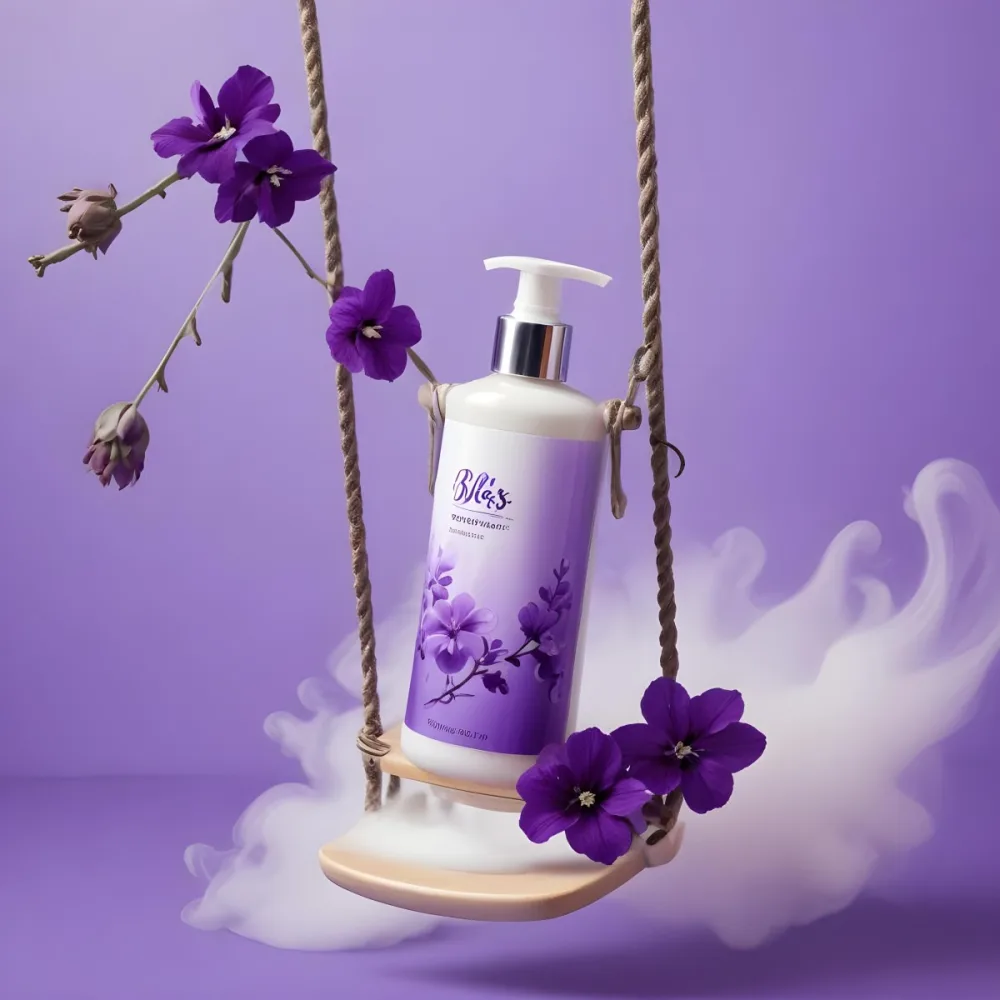 Digital Painting A Bottle Of Bliss Lotion On A Swing With Purple Flowers On A Purple Background With Smoke Product Photography Studio Shot Bold And Slim Lines Brush Strokes 12 Bef0