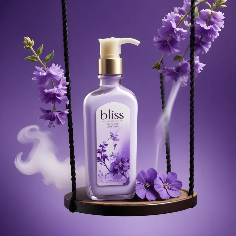Digital Painting A Bottle Of Bliss Lotion On A Swing With Purple Flowers On A Purple Background With Smoke Product Photography Studio Shot Bold And Slim Lines Brush Strokes 14 Cc15