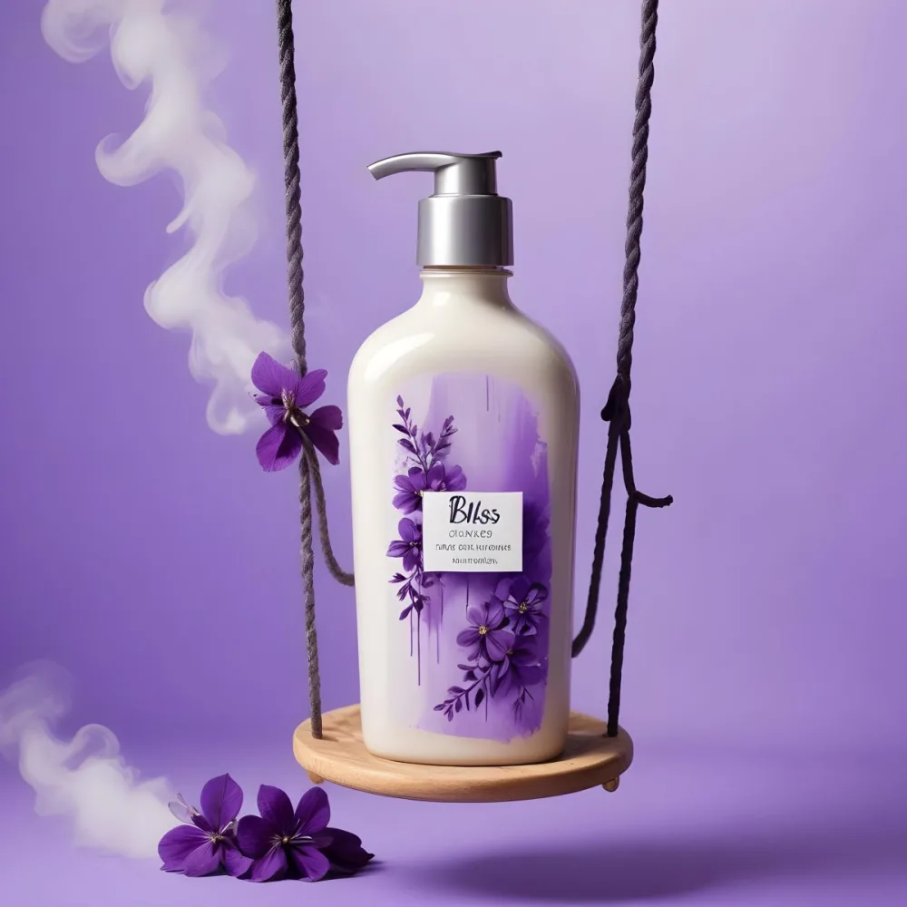 Digital Painting A Bottle Of Bliss Lotion On A Swing With Purple Flowers On A Purple Background With Smoke Product Photography Studio Shot Bold And Slim Lines Brush Strokes 16 6ce8