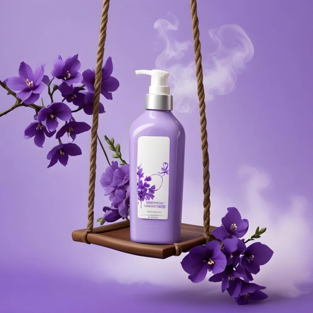 Digital Painting A Bottle Of Bliss Lotion On A Swing With Purple Flowers On A Purple Background With Smoke Product Photography Studio Shot Bold And Slim Lines Brush Strokes 19 67fa