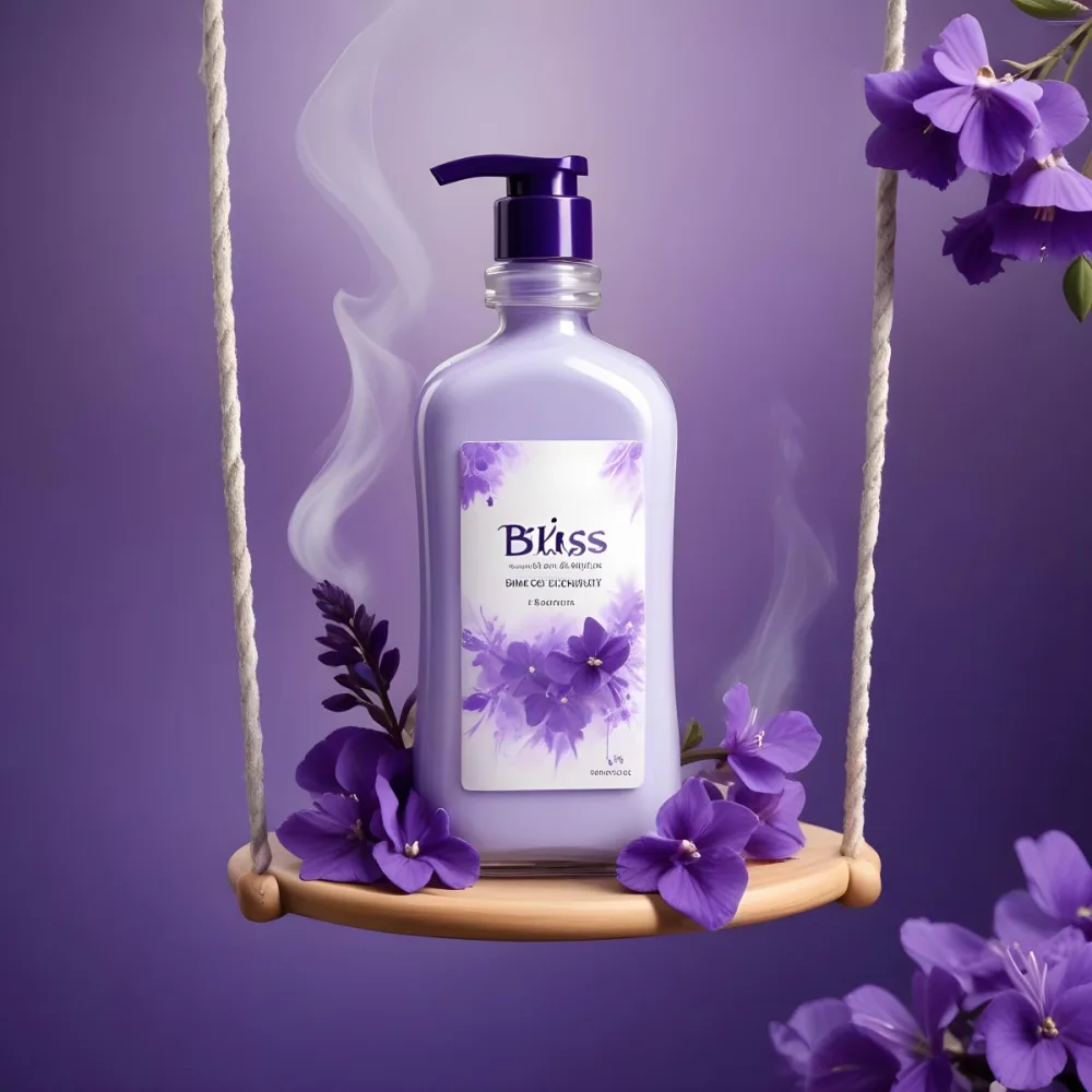 Digital Painting A Bottle Of Bliss Lotion On A Swing With Purple Flowers On A Purple Background With Smoke Product Photography Studio Shot Bold And Slim Lines Brush Strokes 2 36d1