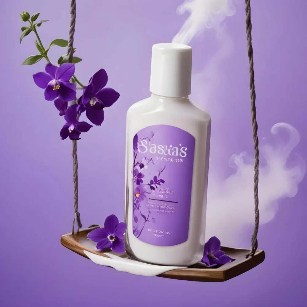 Digital Painting A Bottle Of Bliss Lotion On A Swing With Purple Flowers On A Purple Background With Smoke Product Photography Studio Shot Bold And Slim Lines Brush Strokes 20 De76