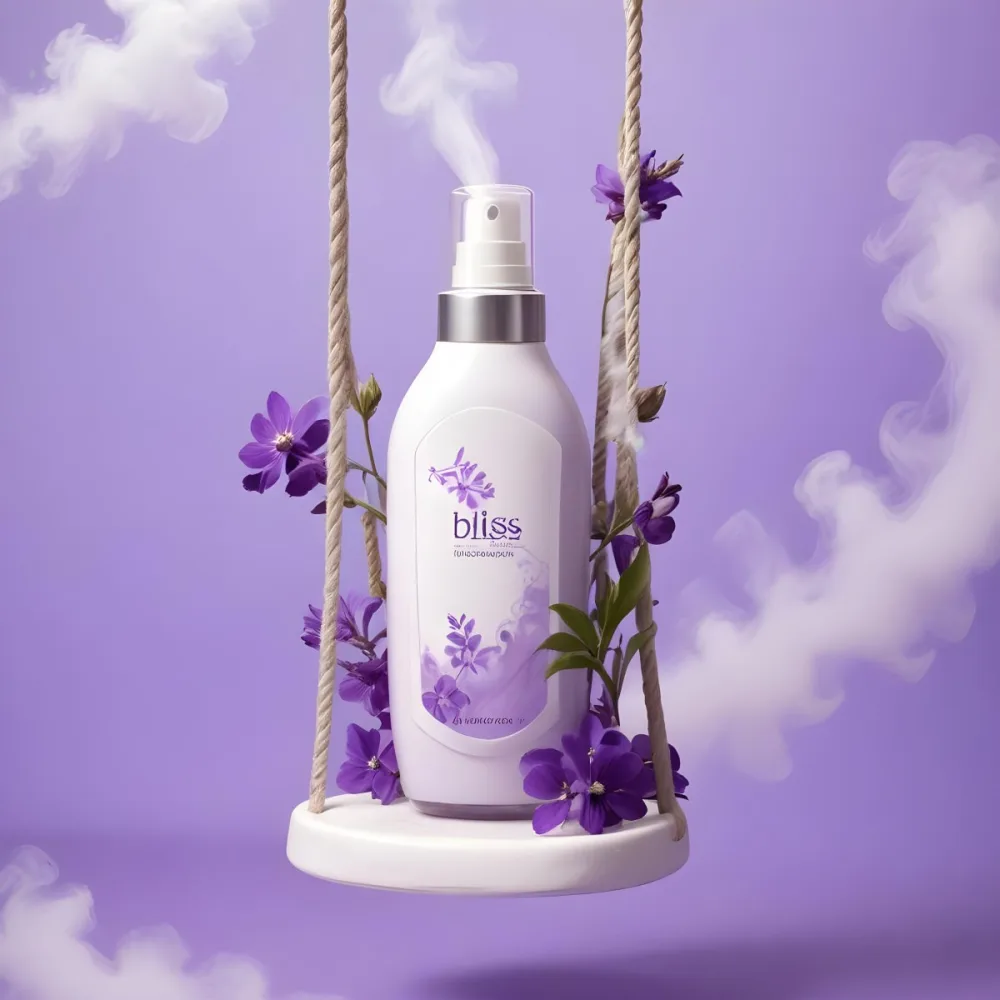 Digital Painting A Bottle Of Bliss Lotion On A Swing With Purple Flowers On A Purple Background With Smoke Product Photography Studio Shot Bold And Slim Lines Brush Strokes 4 1020