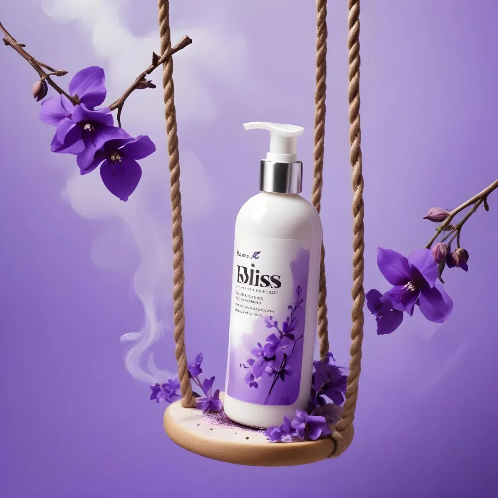 Digital Painting A Bottle Of Bliss Lotion On A Swing With Purple Flowers On A Purple Background With Smoke Product Photography Studio Shot Bold And Slim Lines Brush Strokes 5 57f8