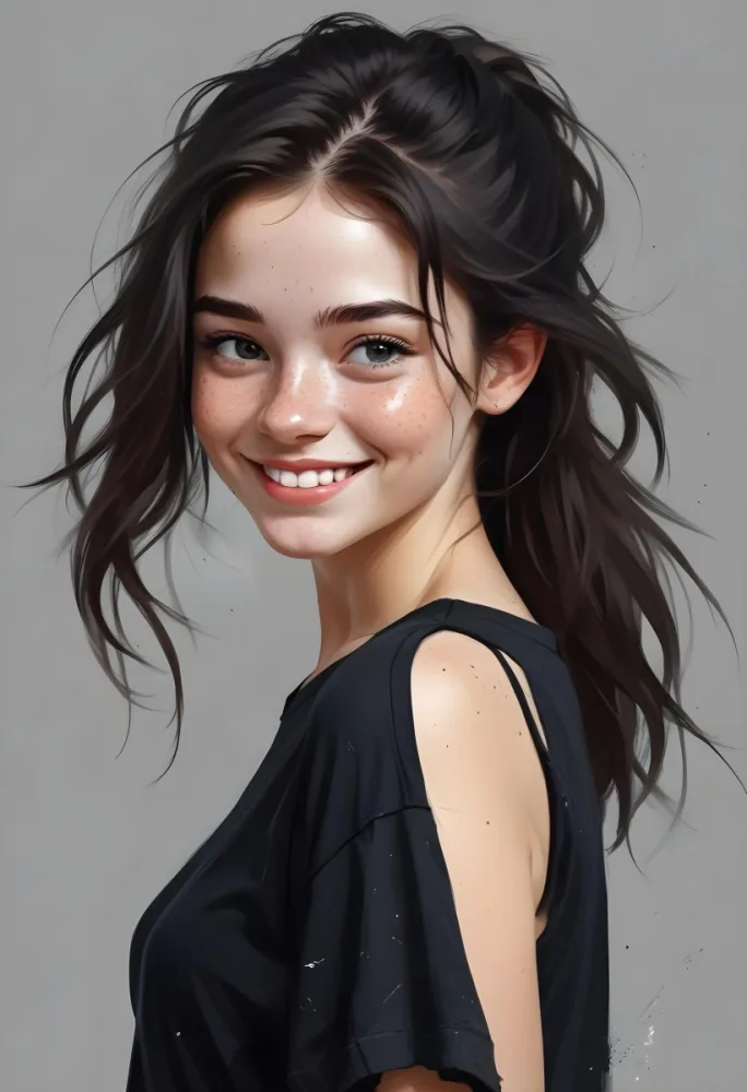 Digital Painting A Caucasian Girl With Freckles 21 Years Old Black Messy Hair Smiling Wearing A Black Shirt In A White Background Bold And Slim Lines Brush Strokes 26 95b5