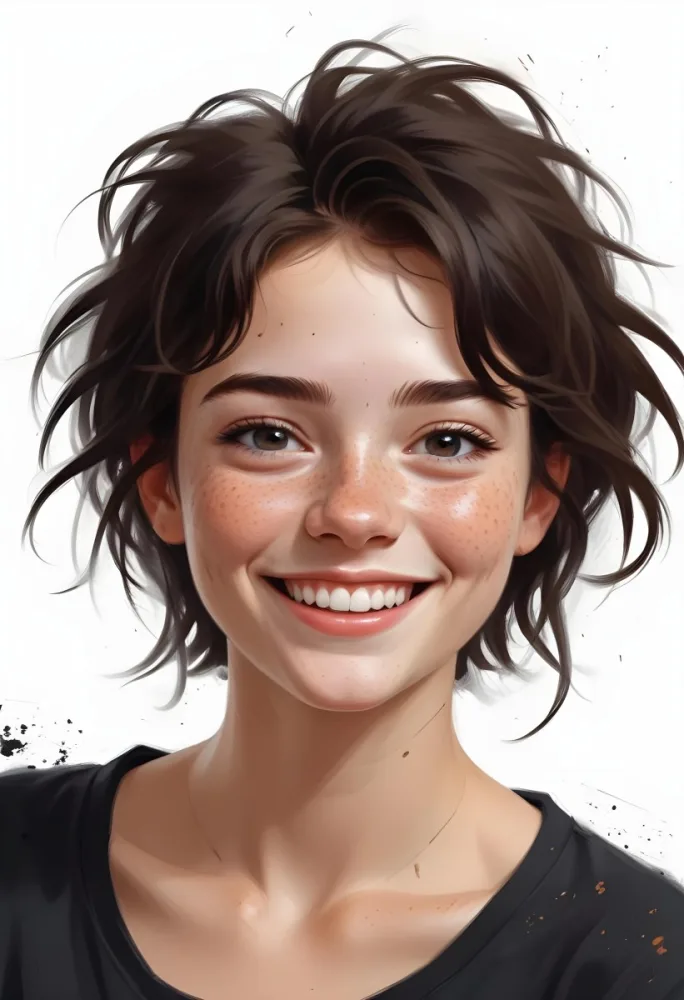 Digital Painting A Caucasian Girl With Freckles 21 Years Old Black Messy Hair Smiling Wearing A Black Shirt In A White Background Bold And Slim Lines Brush Strokes 29 4d8d