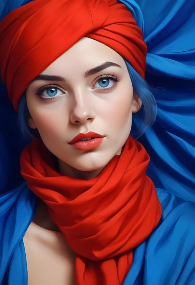 Digital Painting A Caucasian Woman 23 Years Old Blue Hair Blue Lips And Blue Turban Blue Eyes In Front Of A Blue Silk Background Bold And Slim Lines Brush Strokes 15 9497