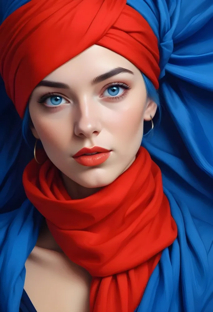 Digital Painting A Caucasian Woman 23 Years Old Blue Hair Blue Lips And Blue Turban Blue Eyes In Front Of A Blue Silk Background Bold And Slim Lines Brush Strokes 17 628b