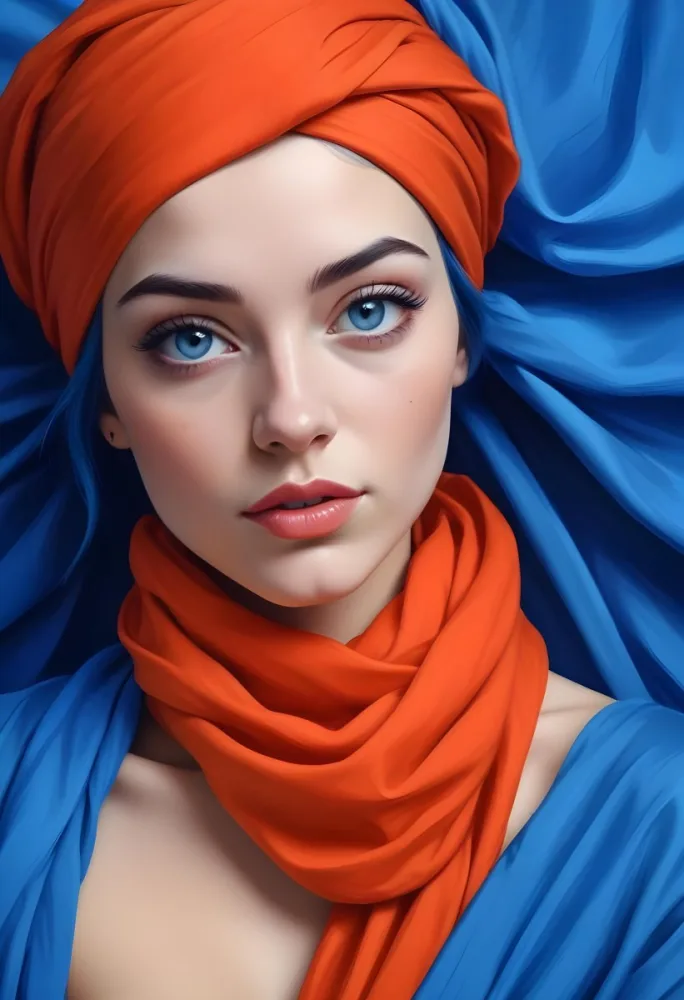 Digital Painting A Caucasian Woman 23 Years Old Blue Hair Blue Lips And Blue Turban Blue Eyes In Front Of A Blue Silk Background Bold And Slim Lines Brush Strokes 18 5b1f
