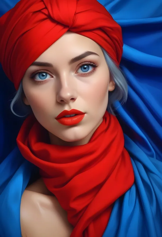 Digital Painting A Caucasian Woman 23 Years Old Blue Hair Blue Lips And Blue Turban Blue Eyes In Front Of A Blue Silk Background Bold And Slim Lines Brush Strokes 2 890b