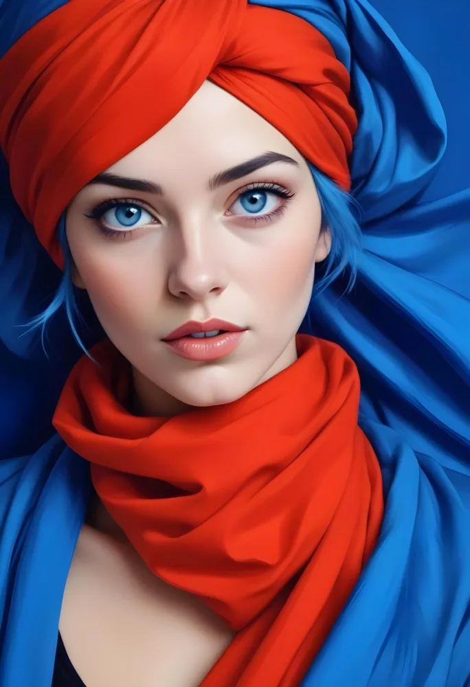 Digital Painting A Caucasian Woman 23 Years Old Blue Hair Blue Lips And Blue Turban Blue Eyes In Front Of A Blue Silk Background Bold And Slim Lines Brush Strokes 26 Af41