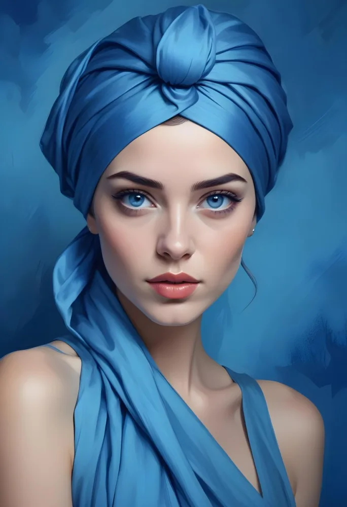 Digital Painting A Caucasian Woman 23 Years Old Blue Hair Blue Lips And Blue Turban Blue Eyes In Front Of A Blue Silk Background Bold And Slim Lines Brush Strokes 3 1d3c