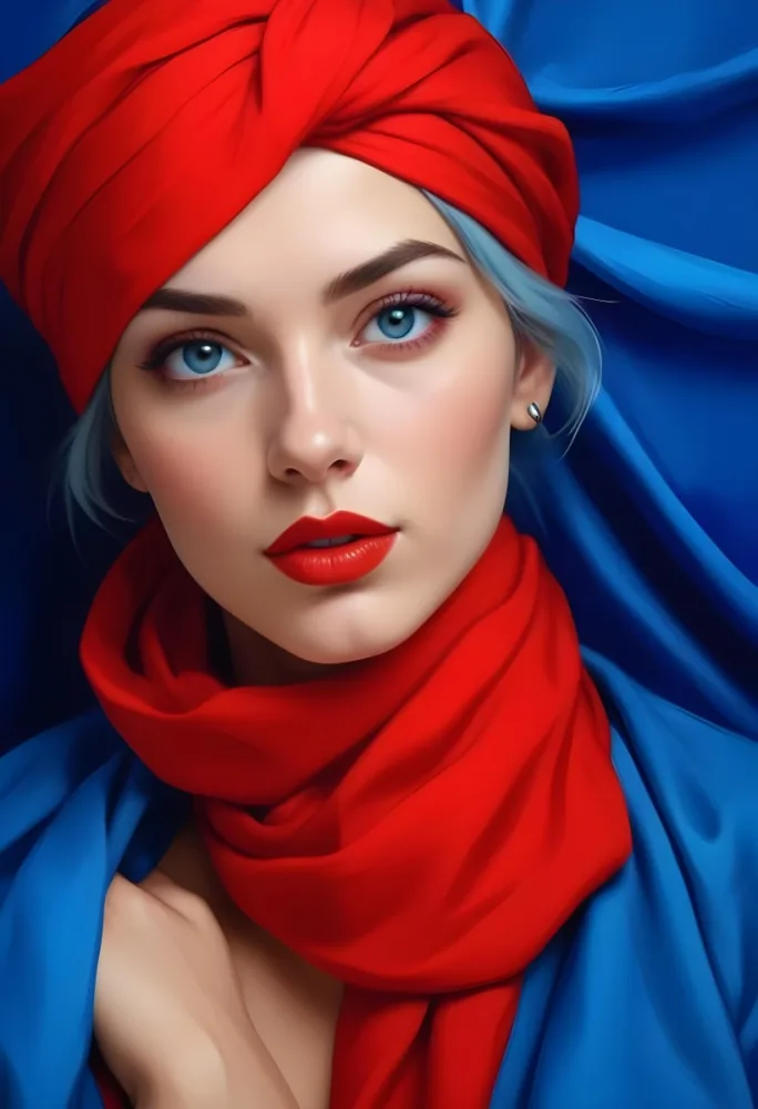Digital Painting A Caucasian Woman 23 Years Old Blue Hair Red Lips And Blue Turban Red Eyes With A Blue Silk Background Bold And Slim Lines Brush Strokes 11 214d