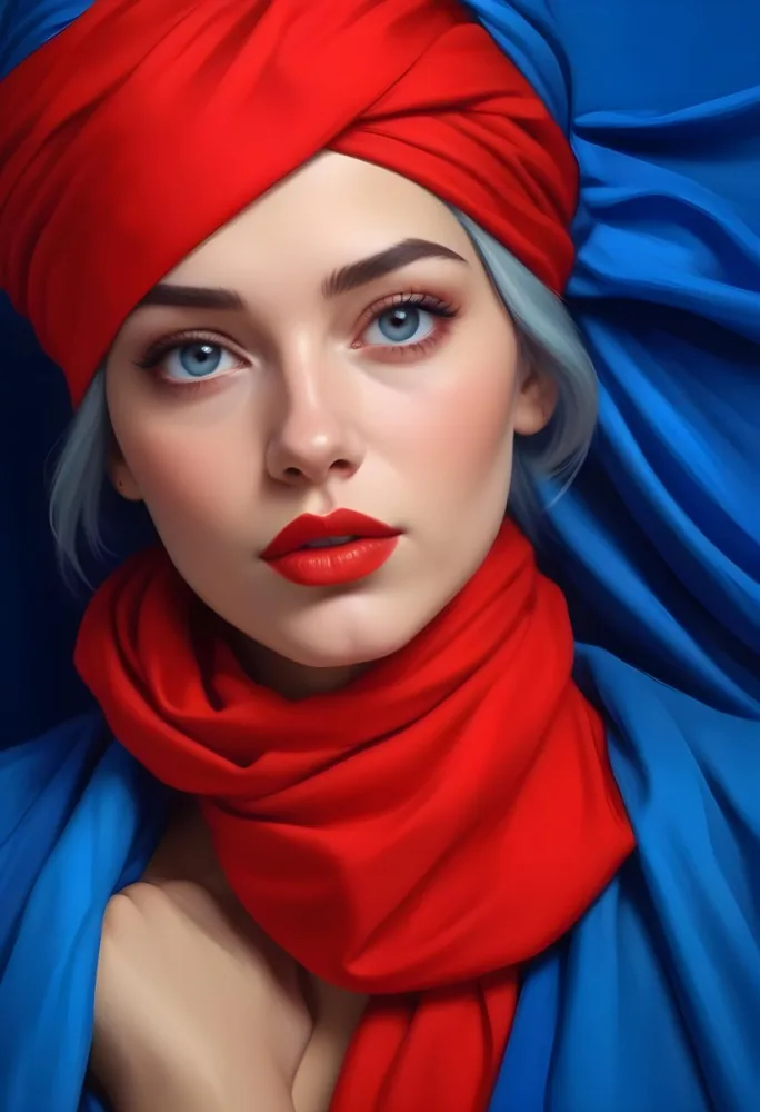 Digital Painting A Caucasian Woman 23 Years Old Blue Hair Red Lips And Blue Turban Red Eyes With A Blue Silk Background Bold And Slim Lines Brush Strokes 17 Ef95