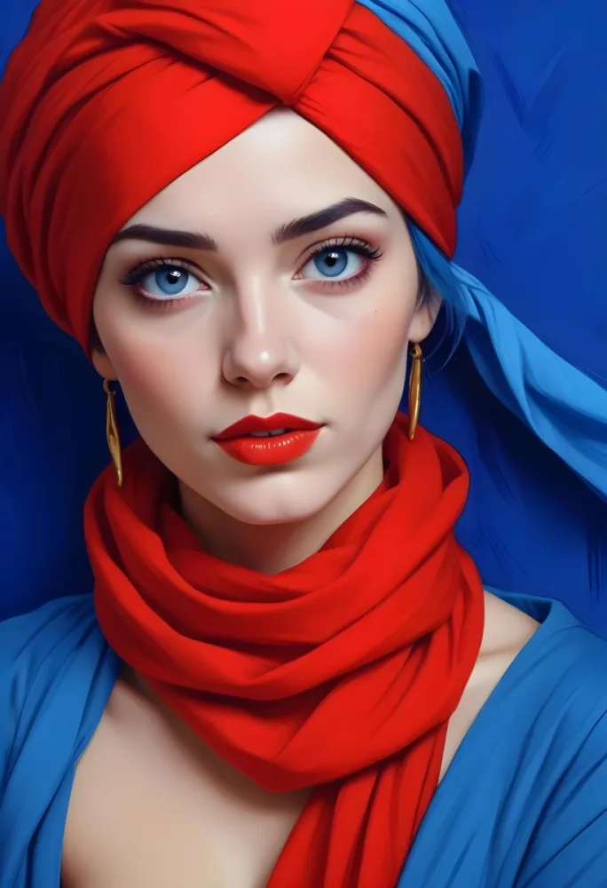 Digital Painting A Caucasian Woman 23 Years Old Blue Hair Red Lips And Blue Turban Red Eyes With A Blue Silk Background Bold And Slim Lines Brush Strokes 19 66a8